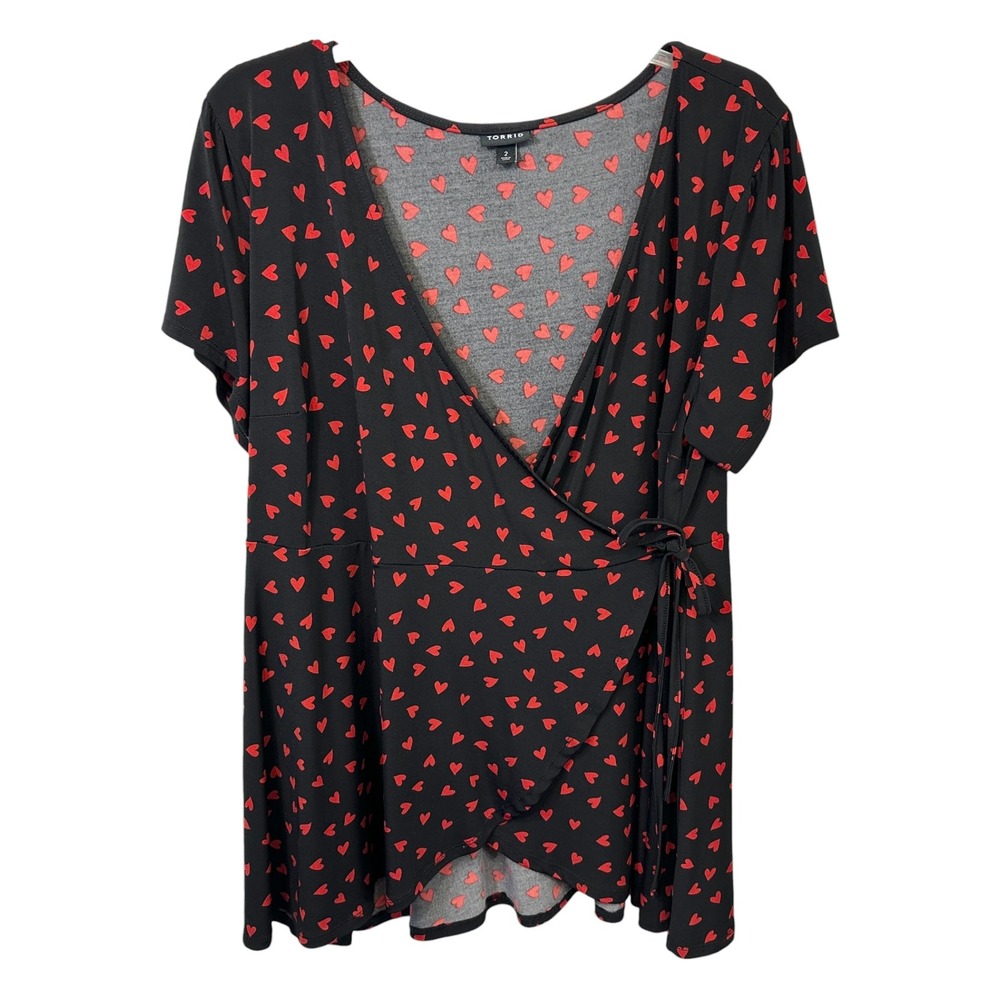 Torrid Plus Size 2X Wrap Top Black Red Heart Print Swing Romantic Valentines 871